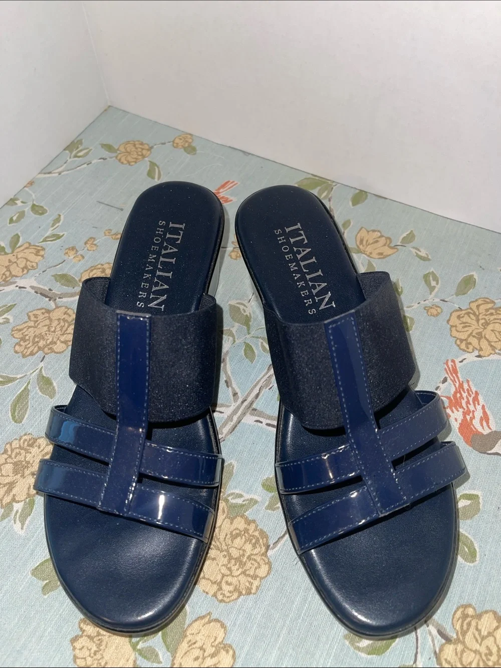 NWOT Italian Shoemakers Navy Patent & Matte High Heeled Slip-on Sandals